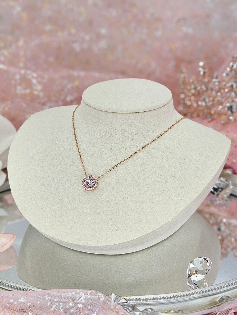 Nadri Round CZ Halo Pendant Necklace Rose Gold Bridal Wedding Modern Classic New